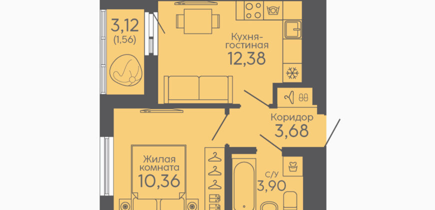 Однокомнатная квартира, 31.88 м² с чистовой отделкой