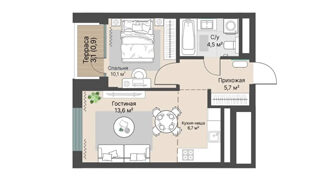 Однокомнатная квартира, 41.5 м²