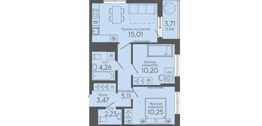 Двухкомнатная квартира, 52.39 м² с чистовой отделкой